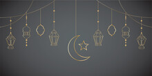 Islamic Lantern Line Art  Ramadan Kareem With Black Background Line Art Vector EPS 10