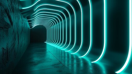 Wall Mural - 3D render, abstract minimal neon background with glowing wavy line. Dark wall illuminated with LED lamps. Teal futuristic wallpaper.