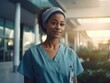 © pengmm - Doctor in surgical gown standing confidently outside medical facility, nurse in surgical gown standing at clinic door, dedication and compassion in healthcare，portrait of a smiling doctor