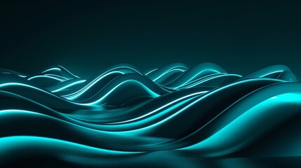 Wall Mural - 3D render, abstract minimal neon background with glowing wavy line. Dark wall illuminated with LED lamps. Turquoise futuristic wallpaper.