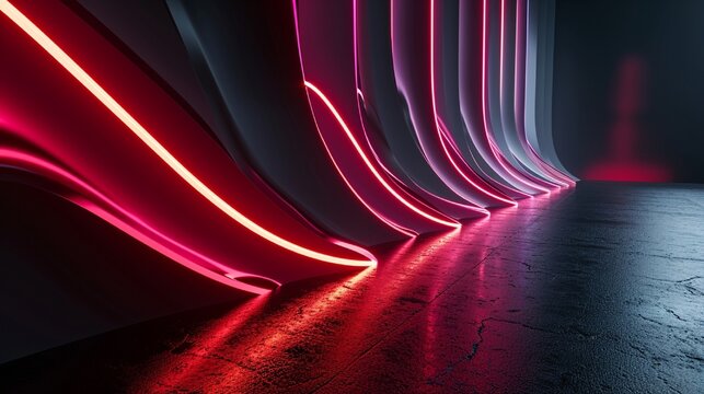 3D render, abstract minimal neon background with glowing wavy line. Dark wall illuminated with LED lamps. Grey futuristic wallpaper.