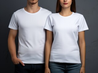 Wall Mural - Male and female models wearing white T-shirt couple outfits, faceless male and female models wearing white unpatterned T-shirts, white T-shirt mockup