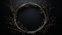 An Solitary Black Backdrop with A Wreath Composed Of Branches And Sticks, Generative AI.