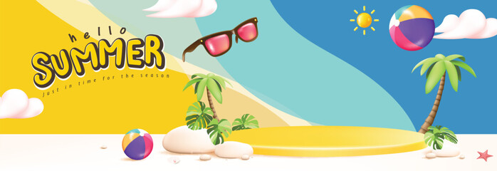 Wall Mural - summer sale poster banner with yellow product display podium summer tropical beach scene design back