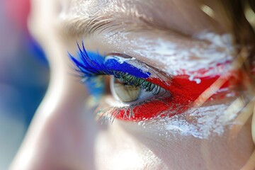 Wall Mural - woman watching the 2024 olympic summer games wearing makeup in the color of the french flag