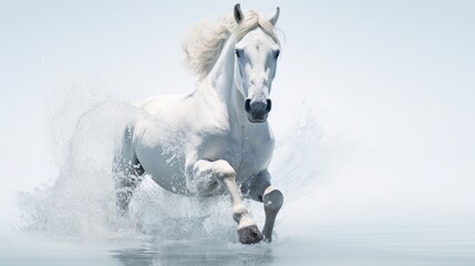  An ethereal snapshot of a white horse immersed in crystal-clear water, the high-quality photograph against a bright white backdrop conveying a sense of purity and freedom in the natural environment.