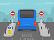 Safe driving tips and traffic regulation rules. Keep left, no vehicles except buses sign. Back view of a bus moving through traffic island. Flat vector illustration template.