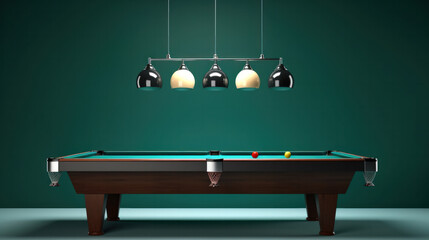 billiard table with lamp and green wall on background