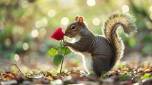 A Cute Squirrel Carrying A Red Rose For His Lover. Valentine's Day.