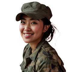 Asian woman in Paramilitary Forces uniform on transparent background