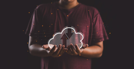Aufkleber - Cloud Computing Technology Internet Storage Network Concept, man hands holding virtual icon cloud. Data transfer..