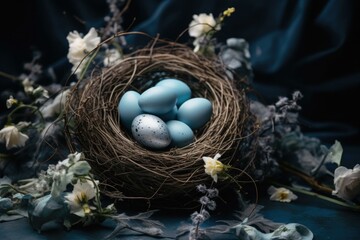 Wall Mural - Easter eggs in a nest with blue flowers and blue ribbon. Generative AI.