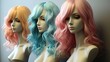 A set of modern women's wigs worn on mannequins