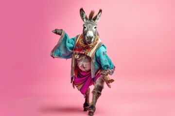 Wall Mural - Donkey wearing colorful clothes dancing on pink background . 