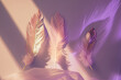 Golden and lavender feathers float gracefully, creating a dance of shadows and light on a pastel backdrop