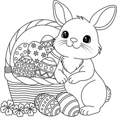 Wall Mural - Easter Bunny and a basket of decorated Easter egg coloring page