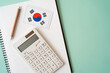 韓国の国旗、電卓、ノート、ペン