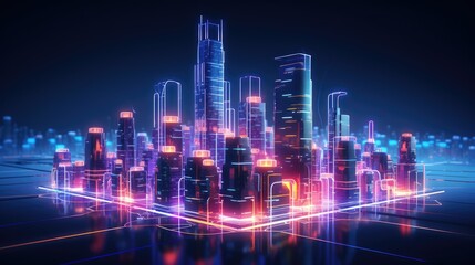 Wall Mural - Isometric cityscape with futuristic technology, holographic interfaces, sleek architecture, advanced robotics, vibrant neon lighting