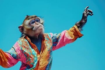 Wall Mural - Monkey wearing colorful clothes dancing on blue background . 