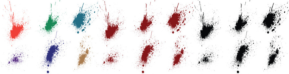 Set of bleed paint green, pink, purple, red, black, blue color grunge vector brush stroke splatter background