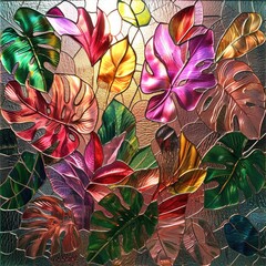  Stained glass window background with colorful Flower and Leaf abstract