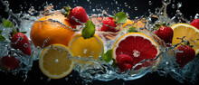 Close-up Of Ripe, Fresh Citrus Fruits Like Orange, Lemon, And Lime Splashing Water.