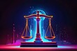 Close up detail of the scales of justice. Scales for weighing, libra, justice isolated on neon background. International Justice Day July 17. Legal social justice concept. Black truth balancing
