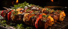 Juicy Shashlik Skewers Grilling Over Hot Coals, With A Mix Of Marinated Beef And Pork.