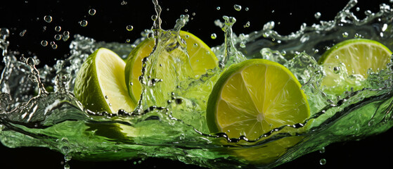 Close-up of ripe lime with water droplets and bubbles on a dark background, highlighting its natural freshnes.