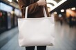 a woman carrying a tote bag. plain canvas tote bag mockup