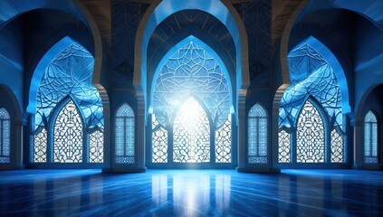 Sunlight illuminates a serene blue mosque interior through intricate windows