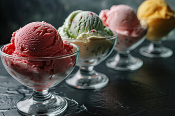 Close-up of glass bowls with various ice cream scoops on dark wooden table