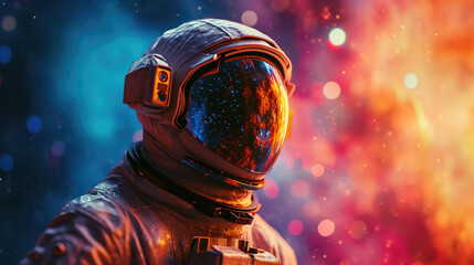 portrait of a floating astronaut in space with a colorful nebula reflection in his visor and a color
