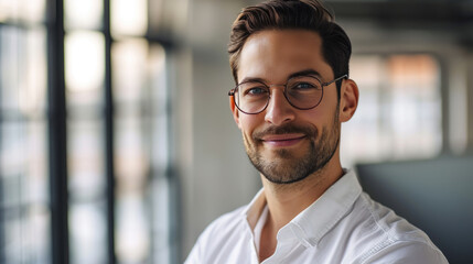 Sticker - Smiling man with a beard and glasses, wearing a white shirt, against a softly blurred indoor background.