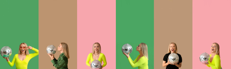 Sticker - Set of beautiful young woman with disco ball on color background