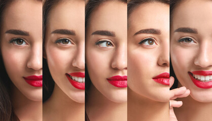 Canvas Print - Collage of young woman with red lipstick, closeup