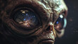 close up portrait of a scary alien creature with big eyes reflecting the galaxy and space, extra-terrestrial contact theme, copy space