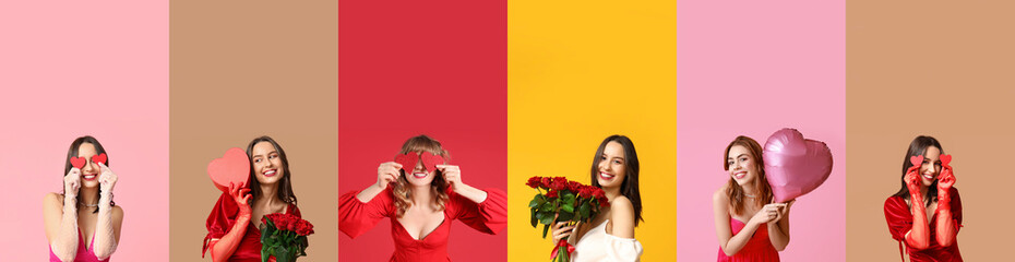 Poster - Collage of beautiful young women with balloons, hearts and rose flowers on color background. Valentines Day celebration