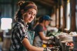 Farmer woman in a plaid shirt and headband confidently stands in a sunlit barn, symbolizing the heart of rustic farm life and the joy of harvest season captures the essence of sustainable agriculture