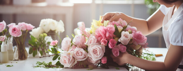 banner of Step-by-Step Process of a Skilled Flower Florist - A Professional Journey Inside a Modern Floral Shop, Capturing the Artistry of Arranging Beautiful Bouquets