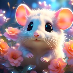 A White cute adorable mouse with colorful flowers