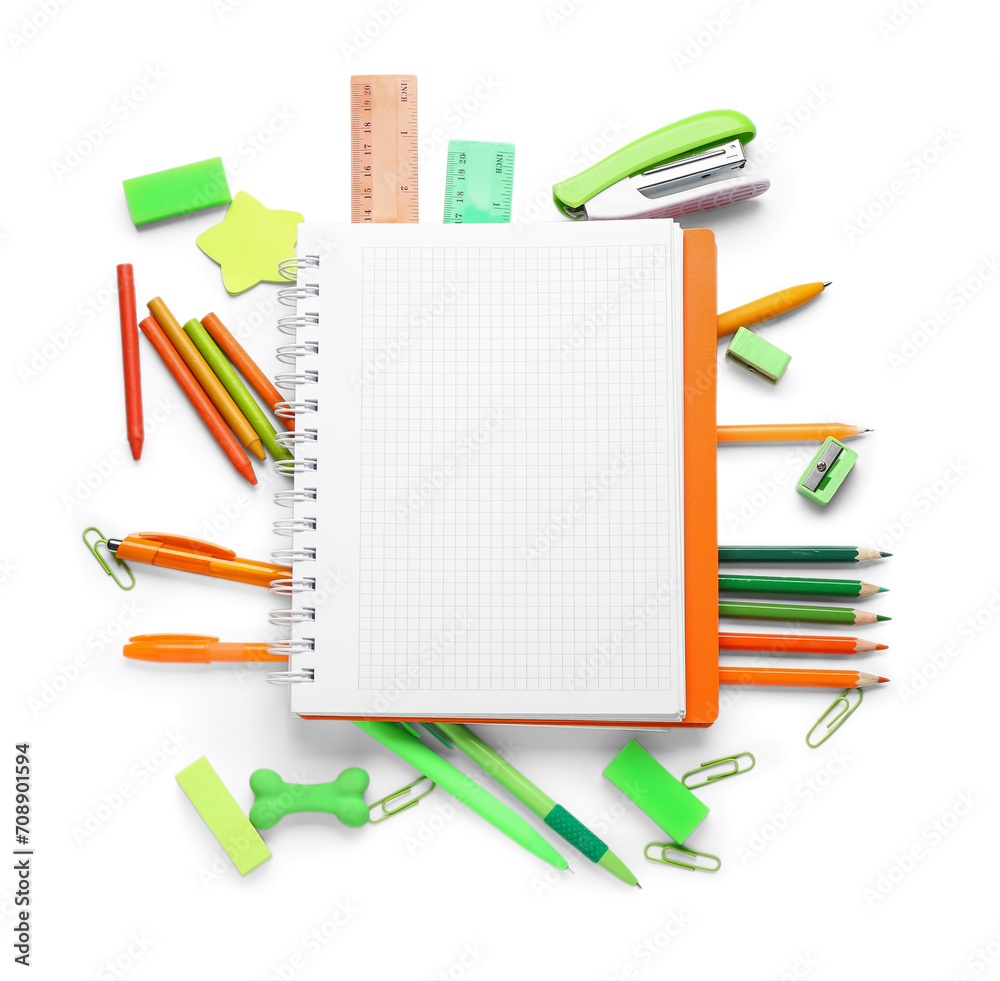 Blank notebook with different stationery isolated on white background