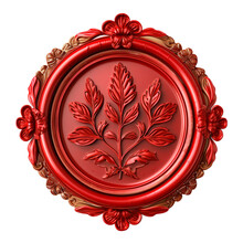 Red Wax Seal With Flowers And Leaves Isolated On Transparent Background. Png File