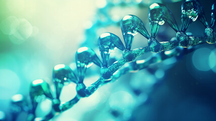 Close-up of a DNA molecule with a focus on the helical structure in vibrant blue and green colors, biotechnology, medicine, science