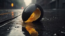 Black Egg In Asphalt On The Road