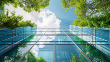 Architecture Image With A Modern Glass Building With A Lot Of Green Plants Trees And Bushes For Business Architecture Environmental Friendly And Eco-concept