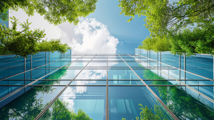 architecture image with a modern glass building with a lot of green plants trees and bushes for busi