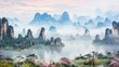 vintage chinese art painting landscape in vivid color