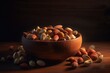 Diverse nuts plate. Wholesome and exotically meal sitting wood table. Generate AI