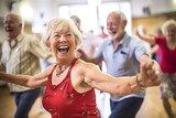 Fototapeta  - A scene of a group of seniors dancing joyfully in a fitness studio, illustrating the fun of group exercise. Selective focus, shallow depth of field